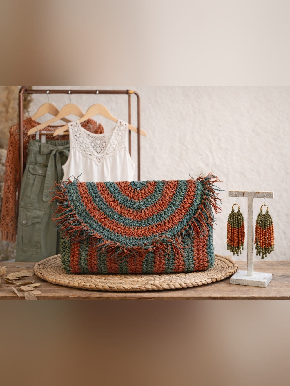 Handwoven Olive Green & Rust Orange Fringe Straw Clutch